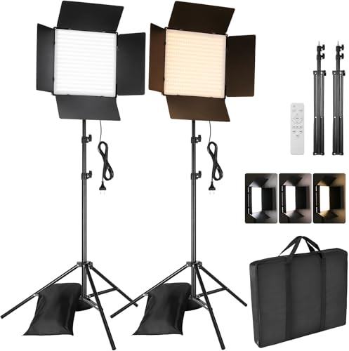 Lot de 2 LED Panneau Lumière Photo, 720 LED, avec Télécommande, 2 Trépied 195 cm, Bicolores Lampe vidéo, 3000-6300 K, Intensité Variable, pour Enregistrement vidéo, Streaming, Youtube (33x33 cm)