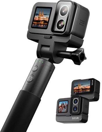 SJCAM SJ20 Pack Cámara Deportiva-Doble Objetivo 4K con Palo Selfie de 8 h, Modo Super Nocturno, Zoom 8X, Action CAM Resistente al Agua para Viajes, Vlogs,Sin Tarjeta