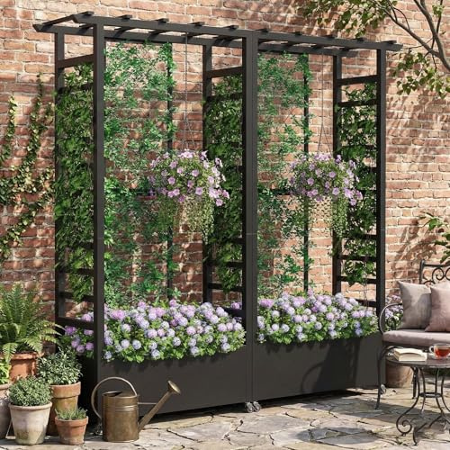Jardinera elevada con enrejado y techo colgante, jardinera metálica resistente a la intemperie con 4 ruedas y 2 enrejados laterales para plantas trepadoras, mampara divisoria móvil para exteriores.