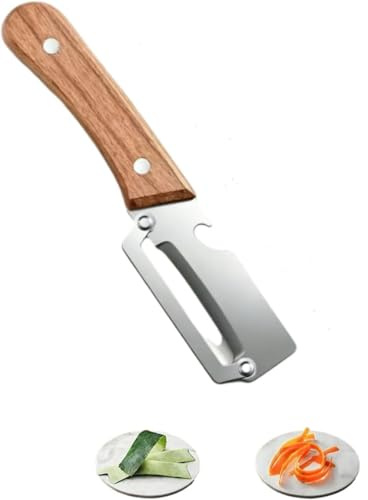Pelador Multifuncional, Cuchillo Pelador con Hoja de Acero Inoxidable y Mango de Madera Ergonómico, Herramienta 2 en 1 Pelador Cortador con Abridor de Botellas, y Todo Tipo de Verduras y Frutas.