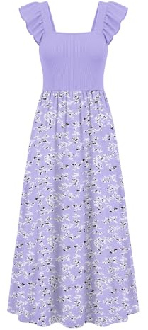 AUSELILY Women Summer Maxi Dress Square Neck Ruffle Sleeveless with Pockets | Casual Beach Maxi Dress,Elegant Flow‑Vacation Sundress,Breathable and Soft Fabric,Multiple Printed Patterns Available