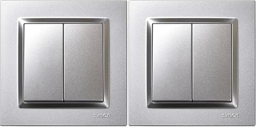 SIMON - Interruptor Conmutador Doble, Serie Simon 10, 230V, Interruptor de Pared Interior, Fácil de Instalar, Incluye Marco, Tapa y Mecanismo, Color Aluminio (Paquete de 2)