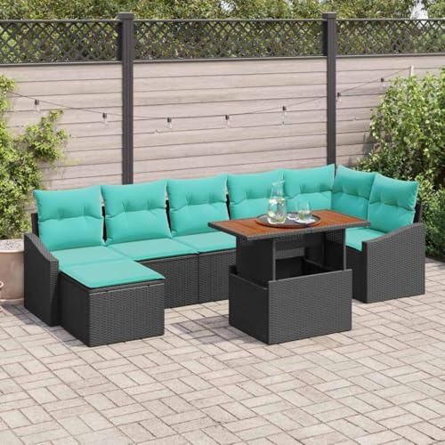 Ziaphsol Ensemble de canapé de jardin, 8 pièces, noir, turquoise, modulable, extérieur, salon, jardin, terrasse, balcon, banquette d'angle, véranda