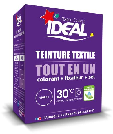IDEAL - Kit Teinture Tout en Un Mini Violet - 230 g - Colorant + Fixateur + Sel Inclus - Teinture Textile Longue Tenue - Coton, Lin, Soie, Viscose - Efficace dès 30°C - Fabrication Française