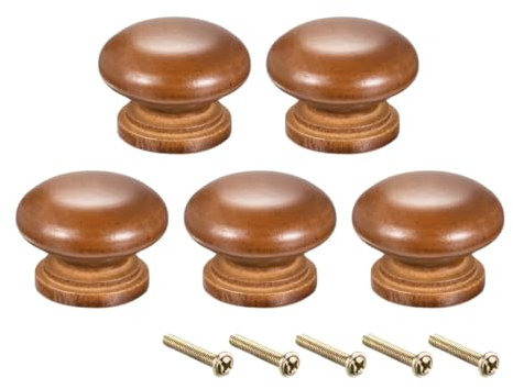 sourcing map Round Wood Knobs,5Pcs 35mm Dia Cabinet Furniture Kitchen Pull Handle for Cupboard Table, Dark Red