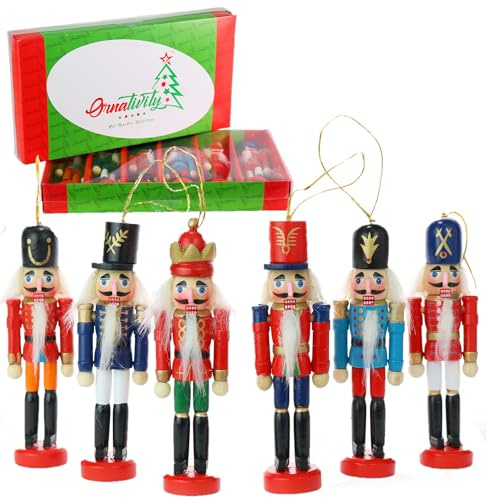 Ornativity Nutcracker Ornament 6 pc - Hanging Christmas Mini Wooden Figures King and Soldier Nutcrackers with Gift Box