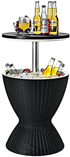 COSTWAY 3-in-1 Tavolino Frigo 30L da Esterno, Secchiello Ghiaccio Regolabile in Altezza Ø 48 x 57,5-82H cm, Tavolo Bar Portaghiaccio in Effetto Rattan da Piscina, Cortile e Campeggio (Nero)