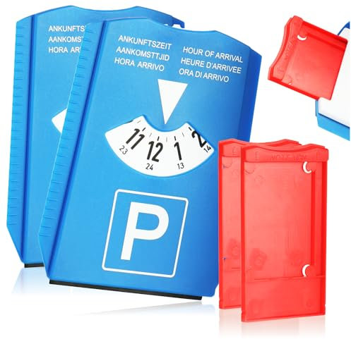 com-four® 2X Parkscheibe mit Eiskratzer, Gummilippe und Notfach für Unfallberichte und Einkaufswagenchips - Parkuhr aus Kunststoff (2 Stück - Parkscheibe mit Notfach)