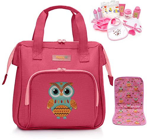 HappyVk- Puppen Wickeltasche mit Puppenzubehör Set - Handtasche für Mädchen - süße Eule Stickerei - Rosa