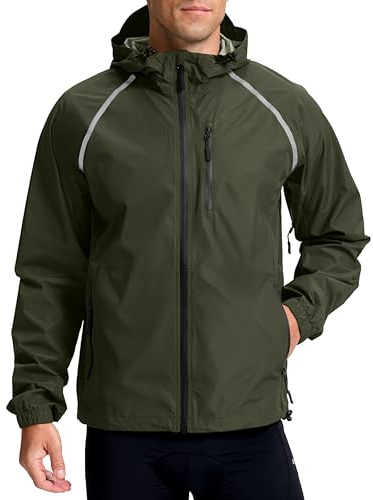 Bikewa Men's Cycling Rain Jackets Waterproof Running Bike Windbreaker Hooded Reflective Biking Windproof Bicycle Riding(Army Green,L)