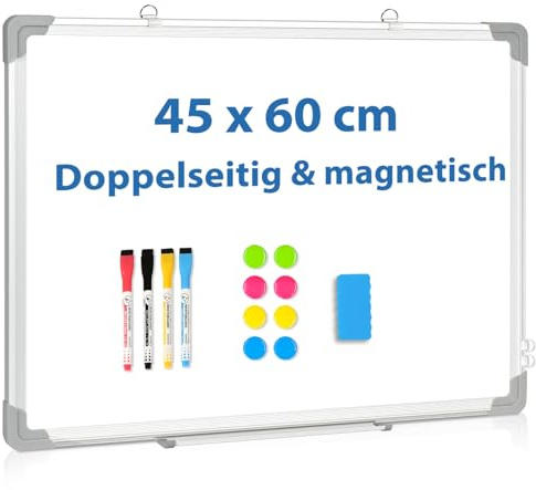 DOLLAR BOSS Magnetisches Whiteboard, 45X60CM Doppelseitiges Whiteboardmagnettafel Magnetpinnwand mit 2 Whiteboard Stifte, 8 Magnete and 1 White board Radiergummi, für Haus und Büro