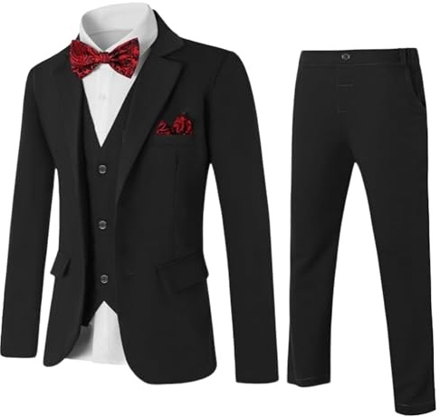 Amissz Traje de Niños 5 Piezas Clásico Slim Fit para Boda Conjunto Caballero Esmoquin: Chaqueta Abrigo, Chaleco, Blusas, Pajarita, Pantalones - Bautizo 9-10 Años, Negro