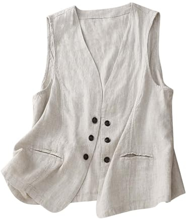 Keepink Hauts d'été décontractés en coton et lin pour femme - Blazer tendance en denim sans manches - Gilet en duvet tendance - Boutons amples - Sans capuche - Vêtements d'extérieur et vestes, 0125
