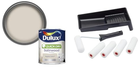 Dulux Quick Dry Satinwood Paint For Wood And Metal - Egyptian Cotton 750Ml & Fit For The Job 7 pc Foam Mini Paint Roller Set for Painting with Gloss & Satin