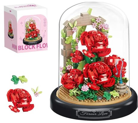 Fiotha Construction Bouquet Fleurs, Briques de Construction, avec Housse de Protection, Kit Construction de Fleurs de Roses, Ensemble de Blocs de Fleurs de Bricolage pour Adultes, 574 Pièces, Rouge