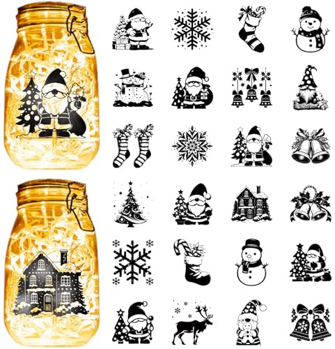 CREATCABIN 24 pz Sagome Natalizie Barattolo Vetro Decorazione Taglio Laser Cartone Scrapbook Ritagli Fustelle in PVC Regali Natale Artigianato Lanterna Barattoli Pittura Murale Telefoni 10x9cm