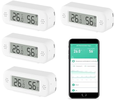 Thermomètre Hygromètre Numérique Smart, Capteur de Température et d’Humidité WiFi pour Usage Domestique, Moniteur d’Humidité avec Surveillance par App, Exportation de Données, Compatible Alexa. 4PCS
