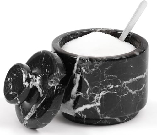 MARBLOUS KRAFTS Marmorsaltkar med lock och sked 90 cm svart zebraflingor, kryddbehållare, perfekta små kryddor, sockerburkar, kökstillbehör