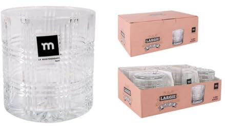 Juego de 6 Vasos de Cristal Transparente - Para Agua, Whisky, Zumos, Refrescos | Set de 6 Tazas de Cristal Fuerte y Resistente - Uso Diario, Eventos, Hogar o Professional (Largie - 350 ml)
