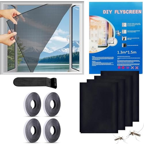 STFYUG 4 Stück Fliegengitter Fenster, Insektenschutz Fenster, Moskitonetz Fenster, Fliegennetz Fenster, Mückenschutz Fenster mit Klettband Selbstklebend, Moskitonetze für Fenster und Türen