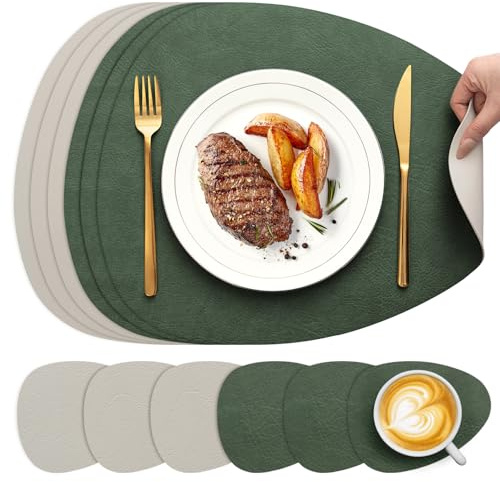 YIHELU Bordstabletter tvättbara och underlägg, bordstabletter tvättbara dubbelsidiga tryckta konstläder smutsavvisande och halkfria, bordstabletter för matsal (grön/off-vit, oval set om 6)