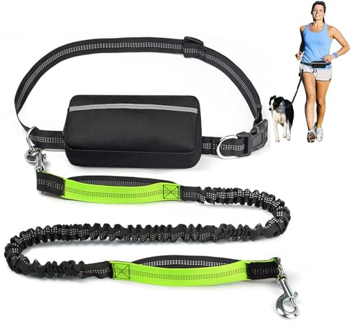 Joggingkoppel hundar med magbälte, hundkoppel, midjerem hundkoppel, reflekterande elastiskt midjebälte hundkoppel med dubbla handtag för promenader vandring jogging (grön)