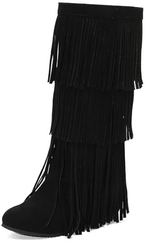 DINTAHA Fringe Suede Boots Flat Knee High Boots With Tassel Long Tall Pull On Boots