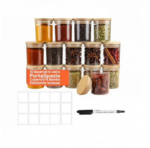 Avilia - Porta Spezie per Cucina in Vetro 170 ml con Coperchio in Bambù, Etichette e Penna Inclusa, Set 15 Vasetti Riutilizzabili per Conservazione Aromi e Uso Creativo in Casa