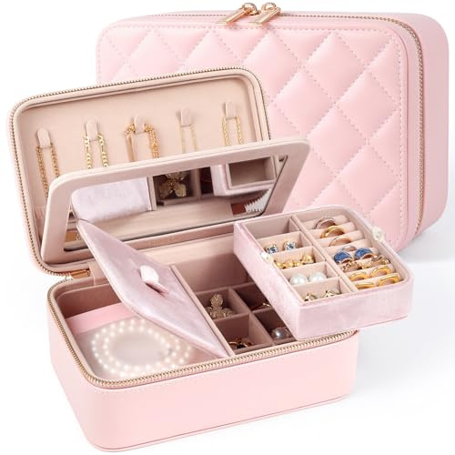 REVEMCN Schmuckkästchen mit Spiegel und 2 Ebenen, Reise Schmuck Organizer für Damen und Mädchen, geräumige Schmuckaufbewahrung mit 6 Anlaufschutz Schmuckbeuteln, Geschenke für Frauen (Puderrosa)