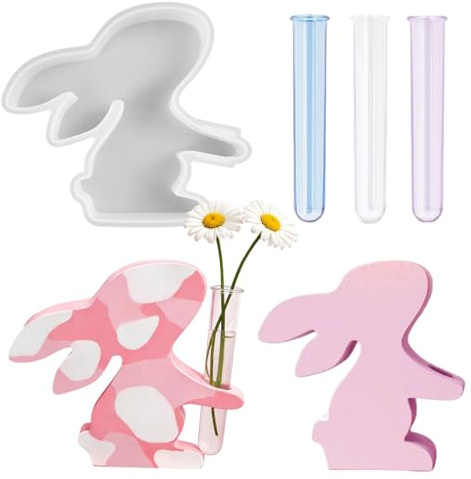 Stampo in Silicone per Coniglio, Stampi in Resina Coniglio con 3 Provette, Stampi in Silicone per Candele Pasqua, Stampo per Colata di Coniglio Pasquale 3D per Stazione di Propagazione delle Piante