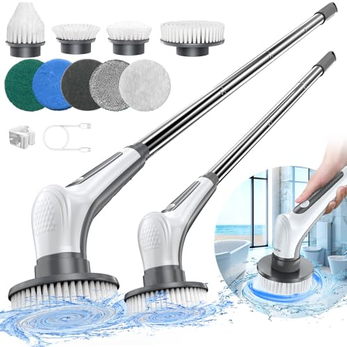 Limpiador eléctrico giratorio, cepillo de limpieza inalámbrico 10 en 1 IPX8 con 9 cabezales de cepillo reemplazables y mango extraíble de 4 niveles, limpiador de ducha eléctrica para baño, bañera