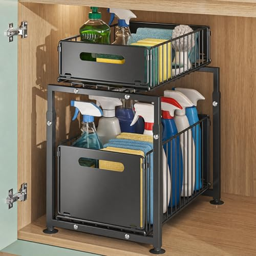 Organizer Sottolavello Cucina, Scaffale Estraibile da Cucina in Metallo a 2 Livelli, con Cassetti Scorrevoli, Organizzatore Armadio Cucina Bagno, Salvaspazio Portaoggetti per Piano Lavoro (Un Pezzi)