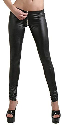 MISS NOIR Wetlook Sexy Leggings mit 4-Wege-Reißverschluss Damen Clubwear (Schwarz, L/XL)