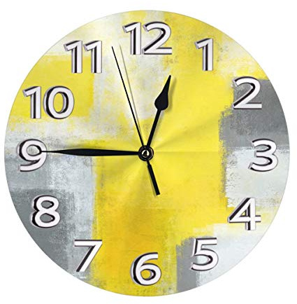 N/A Grey And Yellow Abstract Art Painting White Modern Battery Operated Silent Non-ticking Wall Clock, Sweep Home Living Room Bedroom School Clocks Kids Wall Clock