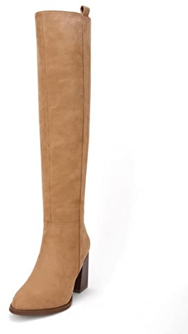Ermonn Womens Faux Suede Knee High Side Zipper Chunky Heel Stretch Winter Boots