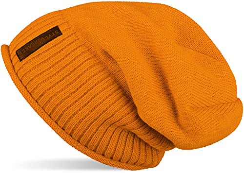 styleBREAKER Unisex Beanie Mütze mit Fleece Innenfutter und Label | Warme Winter Strickmütze aus Feinstrick | Elastische Longbeanie für Damen und Herren, Farbe:Curry