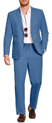 COOFANDY Men's 2 Piece Cotton Linen Suit Slim Fit Casual Wedding Groomsmen Tuxedo Prom Party Jacket Pants Set Blue