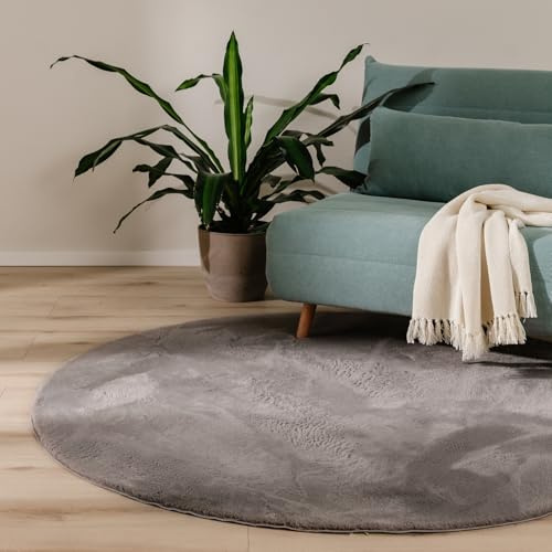 benuta Basic Kunstfaser Fellteppich Furry - Grau rund 200 cm - Weicher Wohnzimmerteppich - Anti-Rutsch-Rückseite - Waschbar - Für Fußbodenheizung geeignet