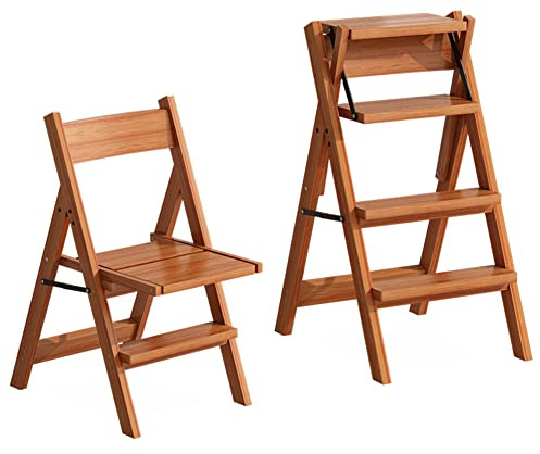 4 Step Ladder Chair Multi-Convertible Stool Rack Solid Wood Folding Dual Purpose Step Stool for Home Kitchen Garden Library