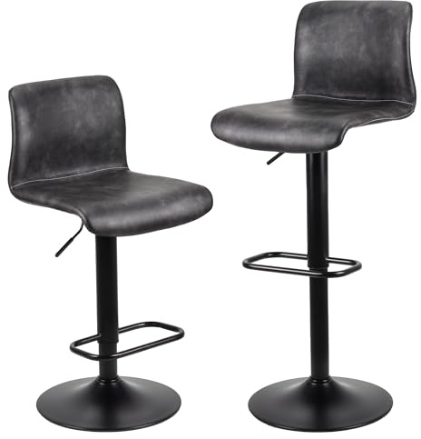 WangPangzi Modern PU-barstol med svängbart säte, set om 2, justerbara barstolar med ryggstöd, Köksbarstol med fotstöd(Svart)