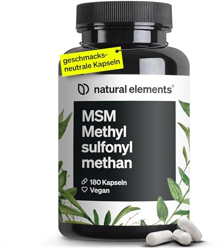 natural elements MSM Kapseln - 180 vegane Kapseln - Laborgeprüfte 1600mg Methylsulfonylmethan (MSM) Pulver pro Tagesdosis - Ohne Magnesiumstearat, hochdosiert und in Deutschland produziert