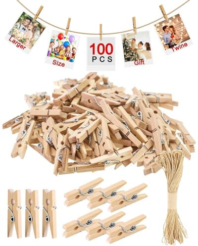 100 Stück Mini Holzklammern,3CM Wäscheklammern Holz,mit 10M Jute Twine,Natur Holzklammern Klein,Deko Wäscheklammern, Natürliche Zierklammern-für Fotos, Fotowand, Postkarten, Briefen(3×0.7cm)