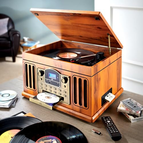 3 PAGEN® Vielseitige Musikanlage – geeignet für CD, Kassetten, Schallplatten, MP3, USB, SD-Karte und Bluetooth, mit UKW-Radio, Retro-Stereoanlage inklusive Fernbedienung & Kopfhöreranschluss