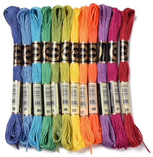 CABODYALS 12 écheveau de 96 m de Fil à Broder Fil Panaché 6 brins Arc en Ciel Point de Croix Bracelet D'Amitié Fil en Polyester pour la Fabrication de Bijoux Bracelet Tricot Couture Fournitures D'Arti