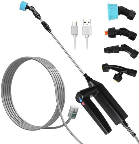 Spruzzatore elettrico a pressione a batteria, 7,4 V, 3 velocità di spruzzo + 4 ugelli regolabili, tubo da 5 m e tubo di spruzzo estensibile, leggero e portatile per giardino, piante