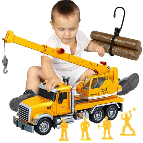 lonfypeng 15 Inch Friction Powered Crane Truck Toy with Lights, Sounds & Movable Arms - Construction Vehicle Gift for Kids Boys Girls Ages 3-7