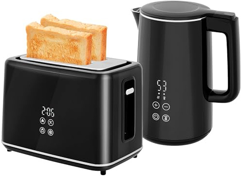 HOMCOM Wasserkocher Toaster Set Edelstahl 1,5L 2200W Wasserkocher automatischer mit Abschaltung 2 Scheiben Toaster mit 7 Bräunungsstufen, Auftau- & Aufwärmfunktion und LED-Anzeige, Schwarz