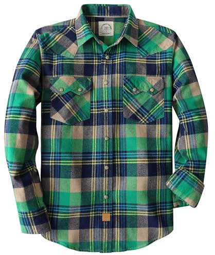 Dubinik® 6.3 oz Camicia Flanella Uomo Western Plaid Manica Lunga Vintage Bottoni a Pressione Doppia Tasca Verde Grigio e Blu XL