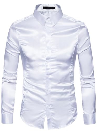 Camicie da Uomo,Camicette in Seta Lucida Maniche Lunghe, Camicie Aderenti Bottoni con Texture Liscia Anti-Rughe (Stile Smoking), Bluse Casuali con Colletto Verticale Monocolore per Danze Nightclub