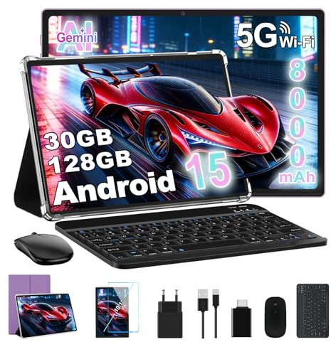 Tablet Android 15, 30GB RAM 128GB ROM(TF 2TB Expandible), 10 Pulgadas, 8000mAh, WIFI 5G, GPS/BT5.0/OTG, Face ID, Widevine L1, Tableta de Cuerpo Metálico con Teclado, Mouse y Funda Protectora -Violeta